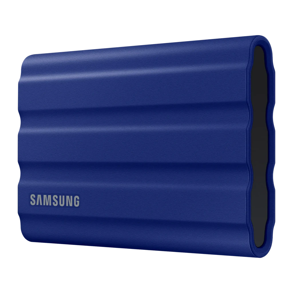 Samsung SSD Portable T7 Shield 2TB bleu, vue de face: surface nervurée avec logo Samsung - Ítem2