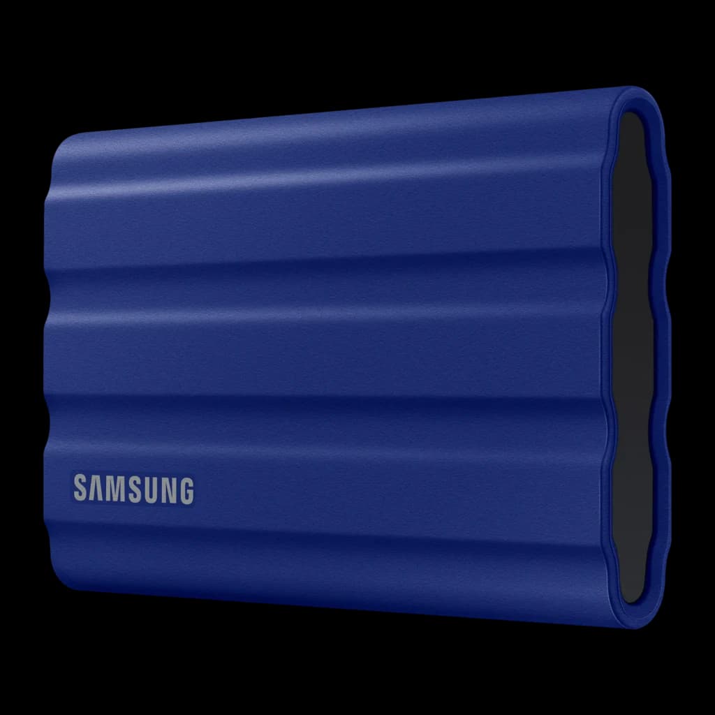 Samsung SSD Portable T7 Shield 2TB bleu, vue latérale droite: coque nervurée sans port visible