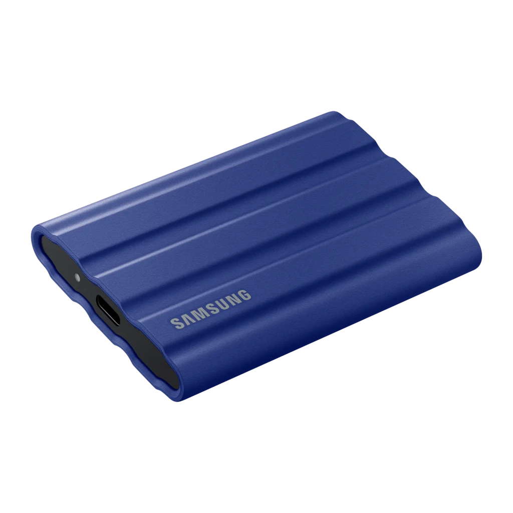 Samsung SSD Portable T7 Shield 2TB bleu, vue de face: surface nervurée avec logo Samsung - Ítem3