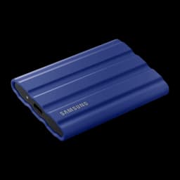 Samsung SSD Portable T7 Shield 2TB bleu, vue en perspective: face supérieure et port USB-C