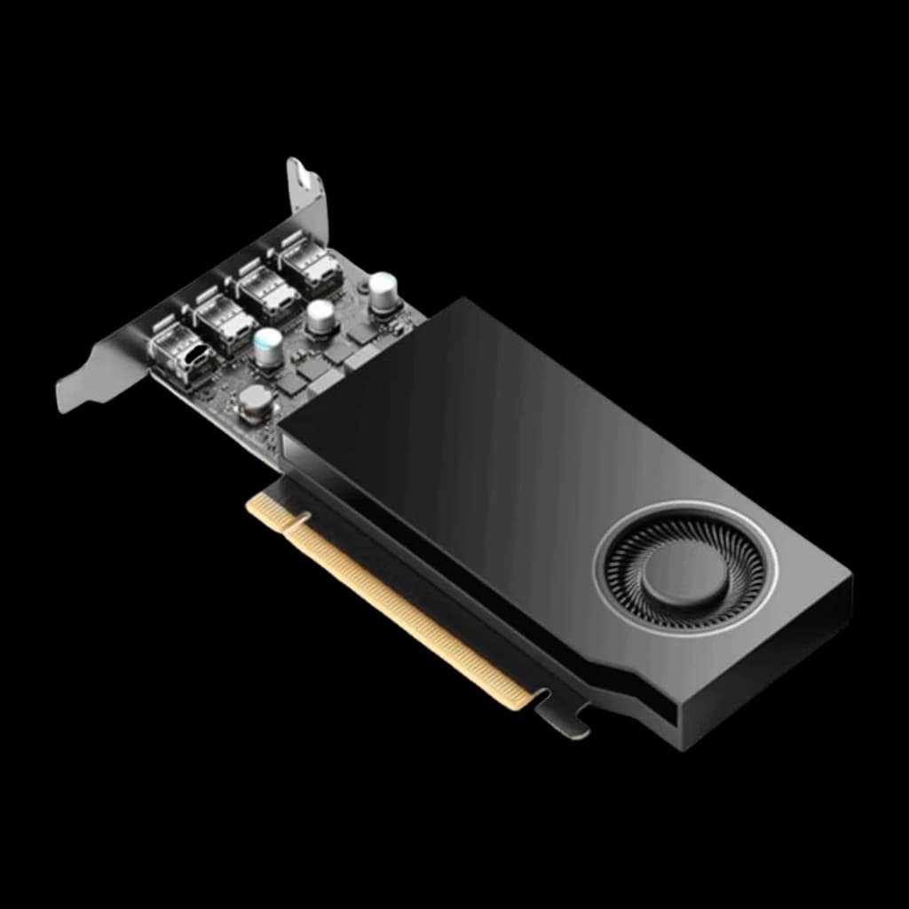 PNY NVIDIA RTX A400 4GB GDDR6 negra, vista isométrica frontal: disipador con ventilador central y 4 puertos mini DisplayPort