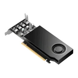 PNY NVIDIA RTX A400 4GB GDDR6 negra, vista isométrica frontal: disipador con ventilador central y 4 puertos mini DisplayPort