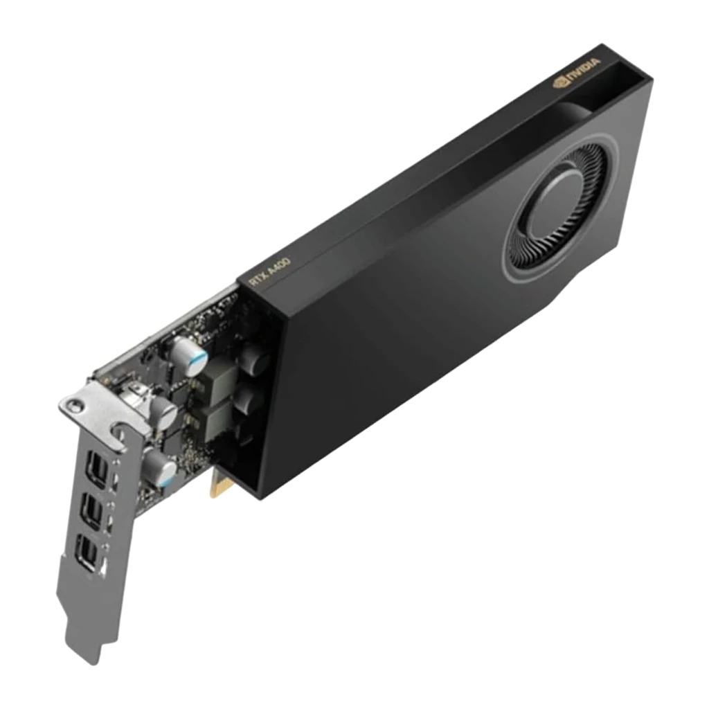 PNY NVIDIA RTX A400 4GB GDDR6 negra, vista isométrica frontal: disipador con ventilador central y 4 puertos mini DisplayPort - Ítem1