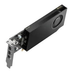 PNY NVIDIA RTX A400 4GB GDDR6 negra, vista isométrica trasera: logo NVIDIA dorado, ventilador lateral y bracket con 4