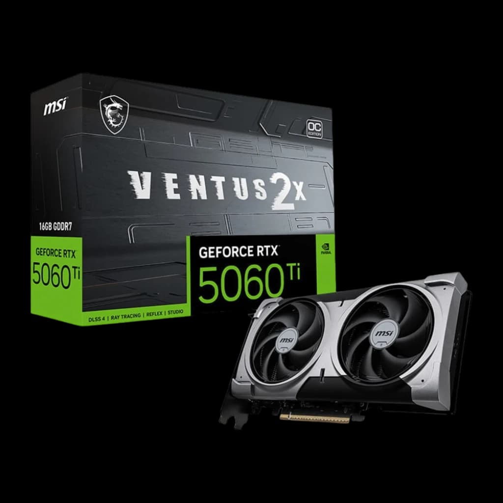 MSI GeForce RTX 5060 Ti Ventus 2X OC Plus 16GB negro gris, kit con caja: tarjeta en ángulo lateral izquierdo