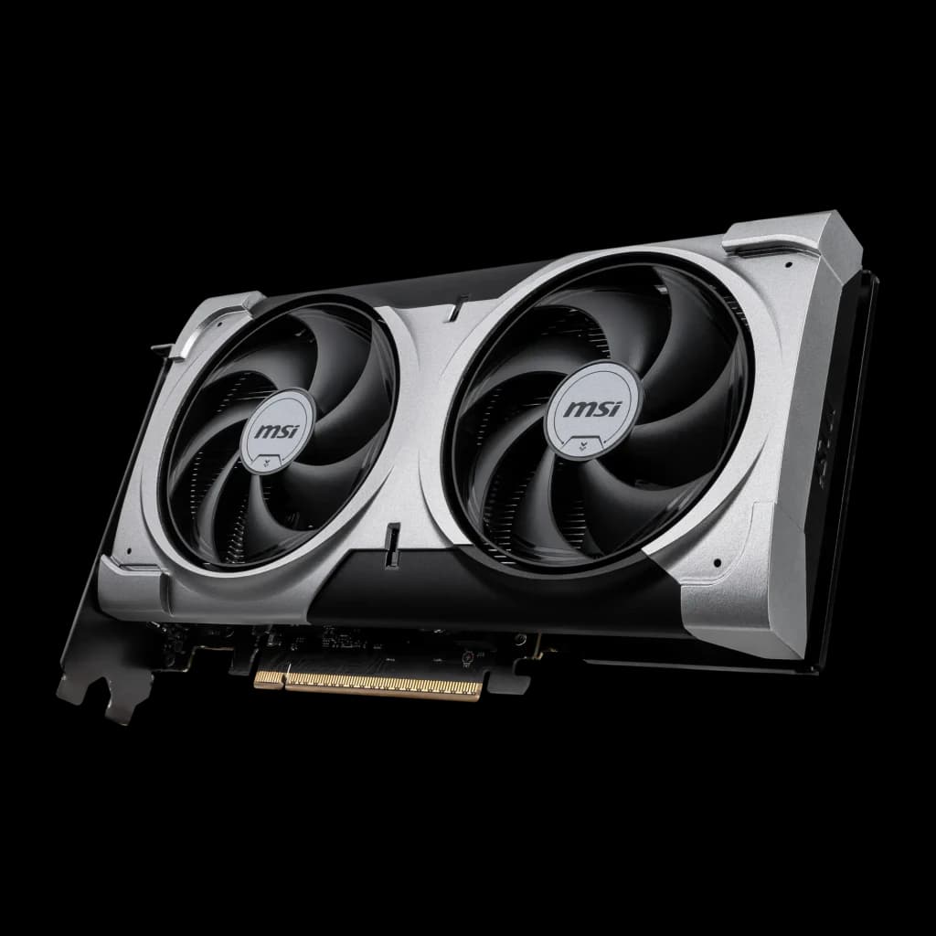 MSI GeForce RTX 5060 Ti Ventus 2X OC Plus 16GB negro gris, vista frontal superior: shroud plateado con dos ventiladores MSI