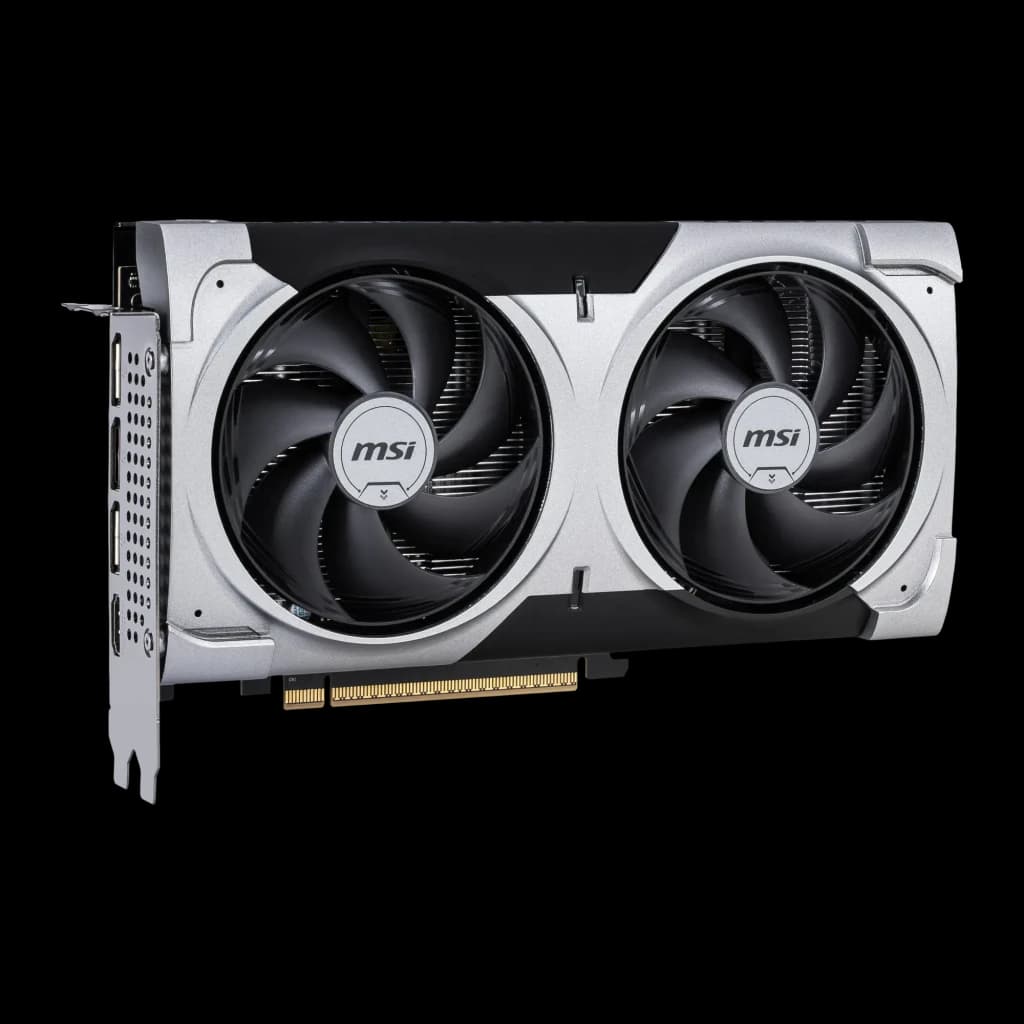 MSI GeForce RTX 5060 Ti Ventus 2X OC Plus 16GB negro gris, vista frontal inferior: shroud plateado con dos ventiladores MSI