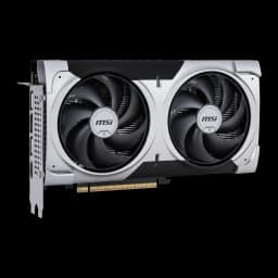 MSI GeForce RTX 5060 Ti Ventus 2X OC Plus 16GB negro gris, vista frontal inferior: shroud plateado con dos ventiladores MSI