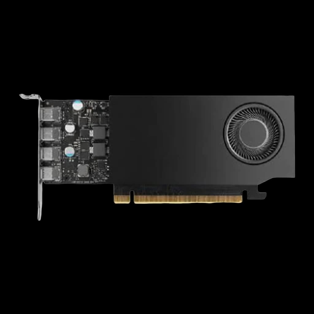 NVIDIA RTX A1000 8GB tarjeta gráfica negra, vista superior: ventilador radial, PCB con componentes y conector PCIe dorado