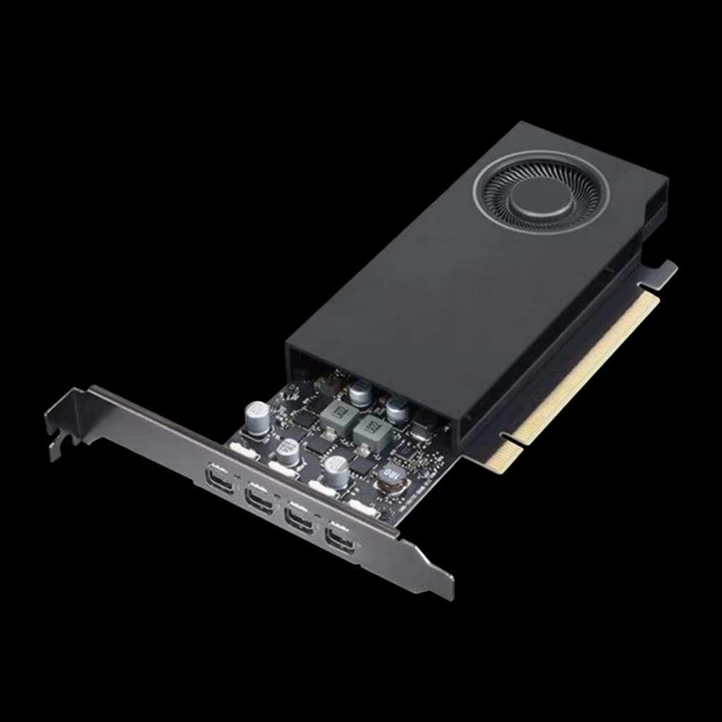 NVIDIA RTX A1000 8GB tarjeta gráfica negra, vista en perspectiva frontal: 4 puertos DisplayPort en bracket y ventilador