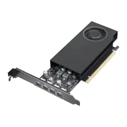 NVIDIA RTX A1000 8GB tarjeta gráfica negra, vista en perspectiva frontal: 4 puertos DisplayPort en bracket y ventilador