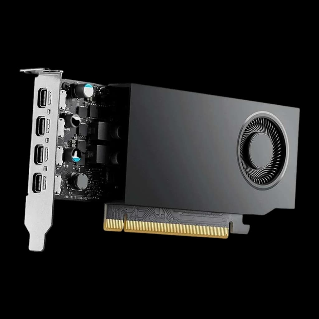 NVIDIA RTX A1000 8GB tarjeta gráfica negra, vista lateral trasera: bracket plateado con 4 puertos DisplayPort y conector