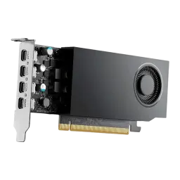 NVIDIA RTX A1000 8GB tarjeta gráfica negra, vista lateral trasera: bracket plateado con 4 puertos DisplayPort y conector