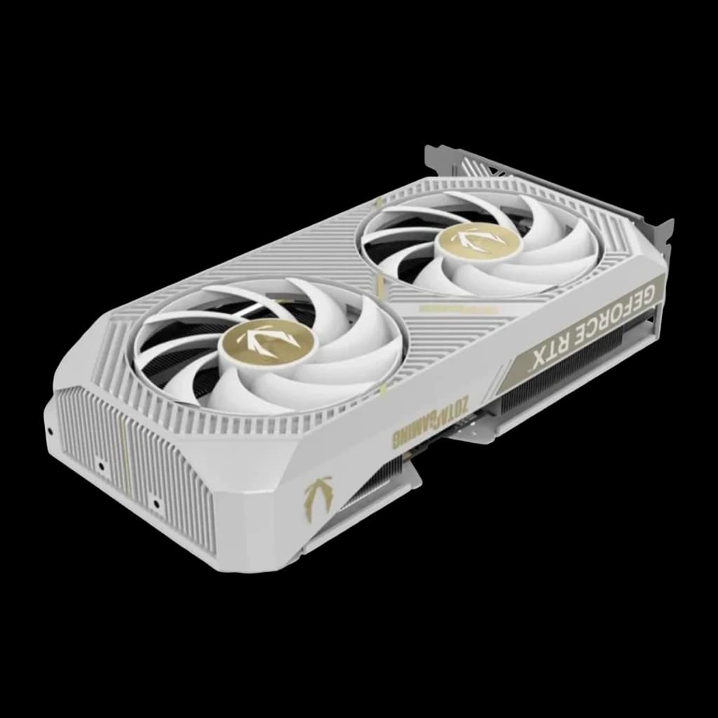 Zotac GAMING GeForce RTX 5060 Ti Twin Edge OC 8GB blanche, vue avant: deux ventilateurs avec logo doré et shroud blanc