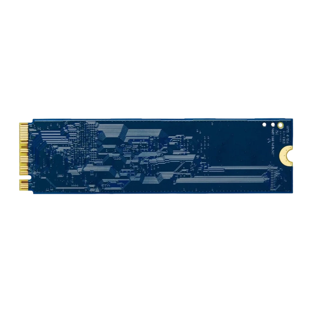 Kingston NV3 M.2 2280 NVMe SSD 4TB bleu, vue de dessus: PCB bleu avec tracé de circuits et connecteur doré M.2