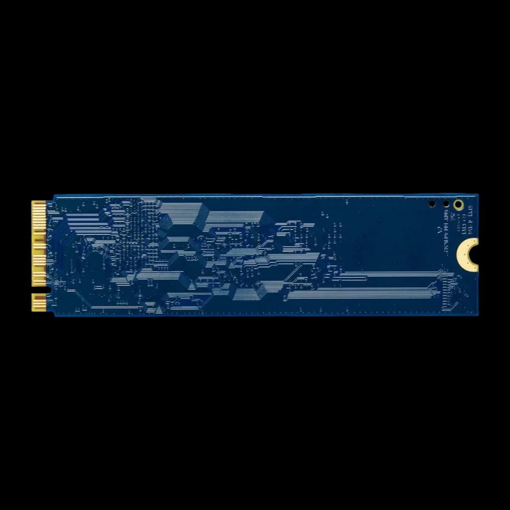 Kingston NV3 M.2 2280 NVMe SSD 4TB bleu, vue de dessus: PCB bleu avec tracé de circuits et connecteur doré M.2