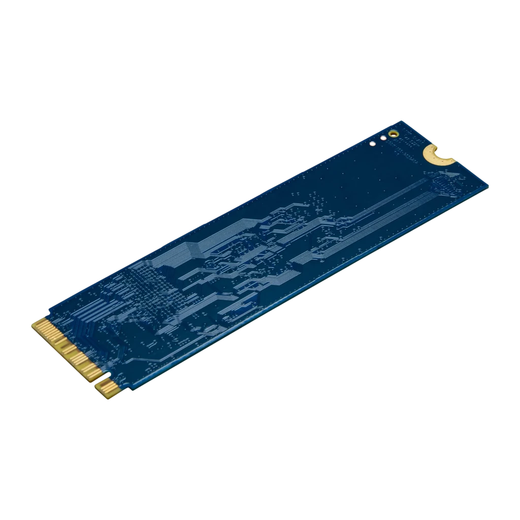 Kingston NV3 M.2 2280 NVMe SSD 4TB bleu, vue en perspective: angle isométrique montrant l'épaisseur, les circuits et le