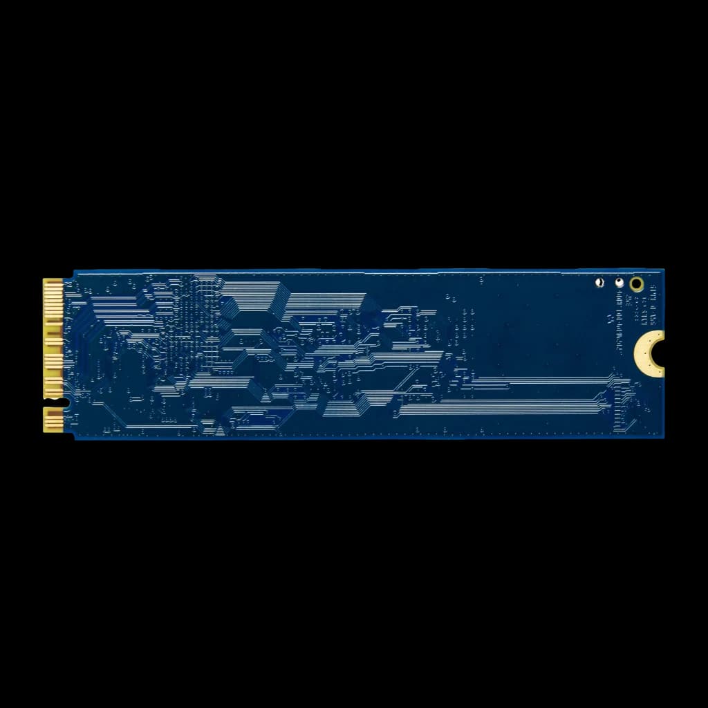 Kingston NV3 2TB bleu, vue arrière plate de dessus: PCB bleu avec design de circuits, connecteur doré et encoche de montage