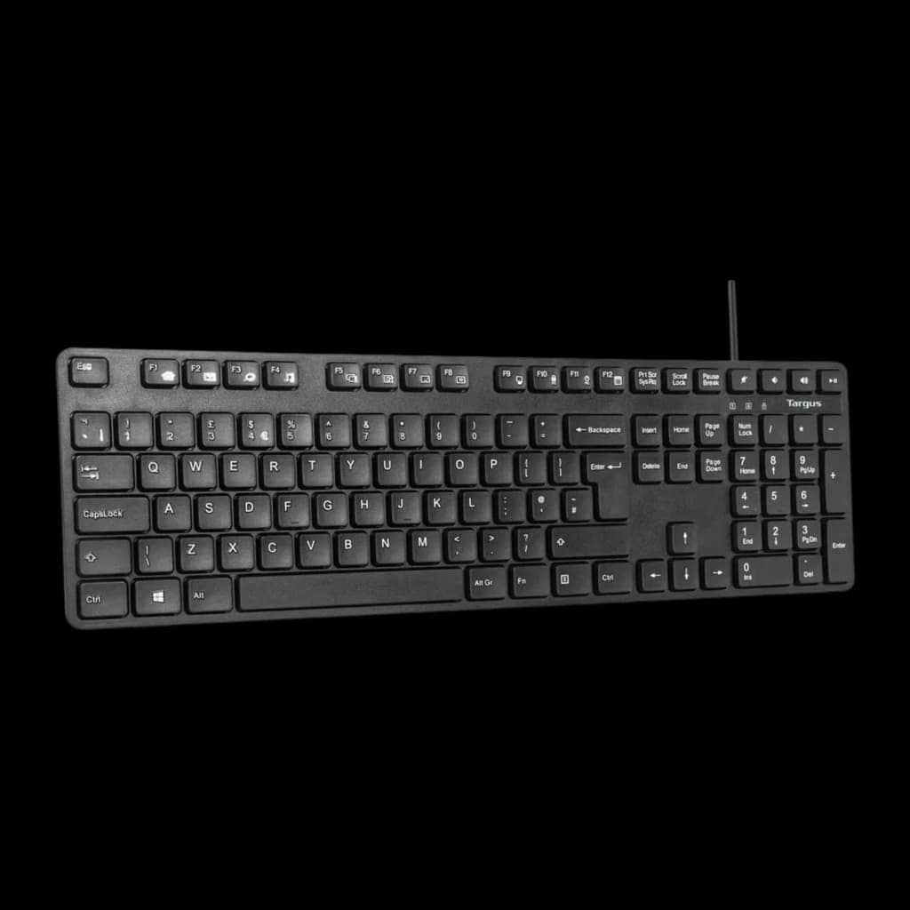 Targus AKM622ES QWERTY Noir, vue supérieure frontale: clavier complet avec pavé numérique et câble USB visible à droite