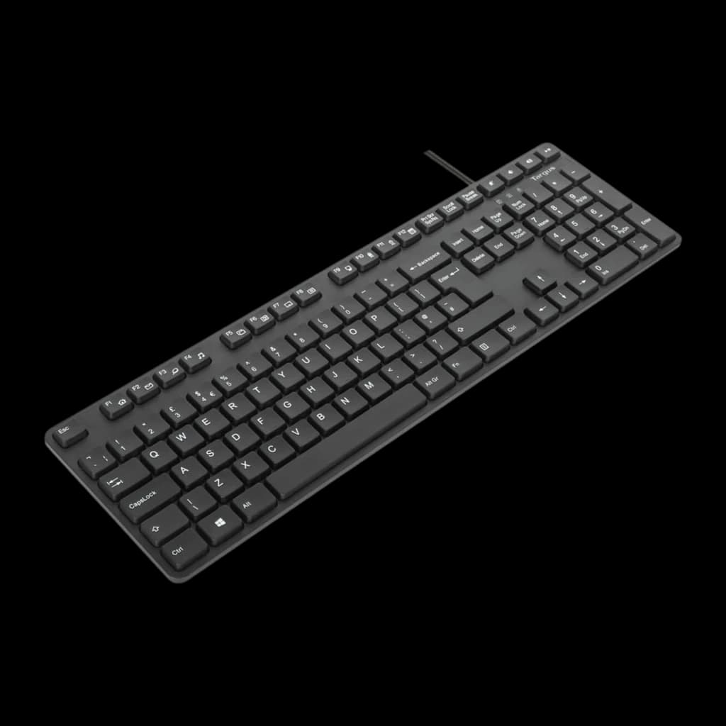 Targus AKM622ES QWERTY Noir, vue en perspective latérale gauche: disposition des touches et profil fin du clavier avec câble