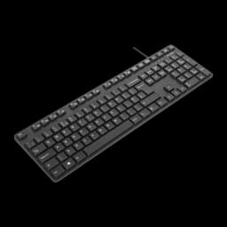 Targus AKM622ES QWERTY Noir, vue en perspective latérale gauche: disposition des touches et profil fin du clavier avec câble
