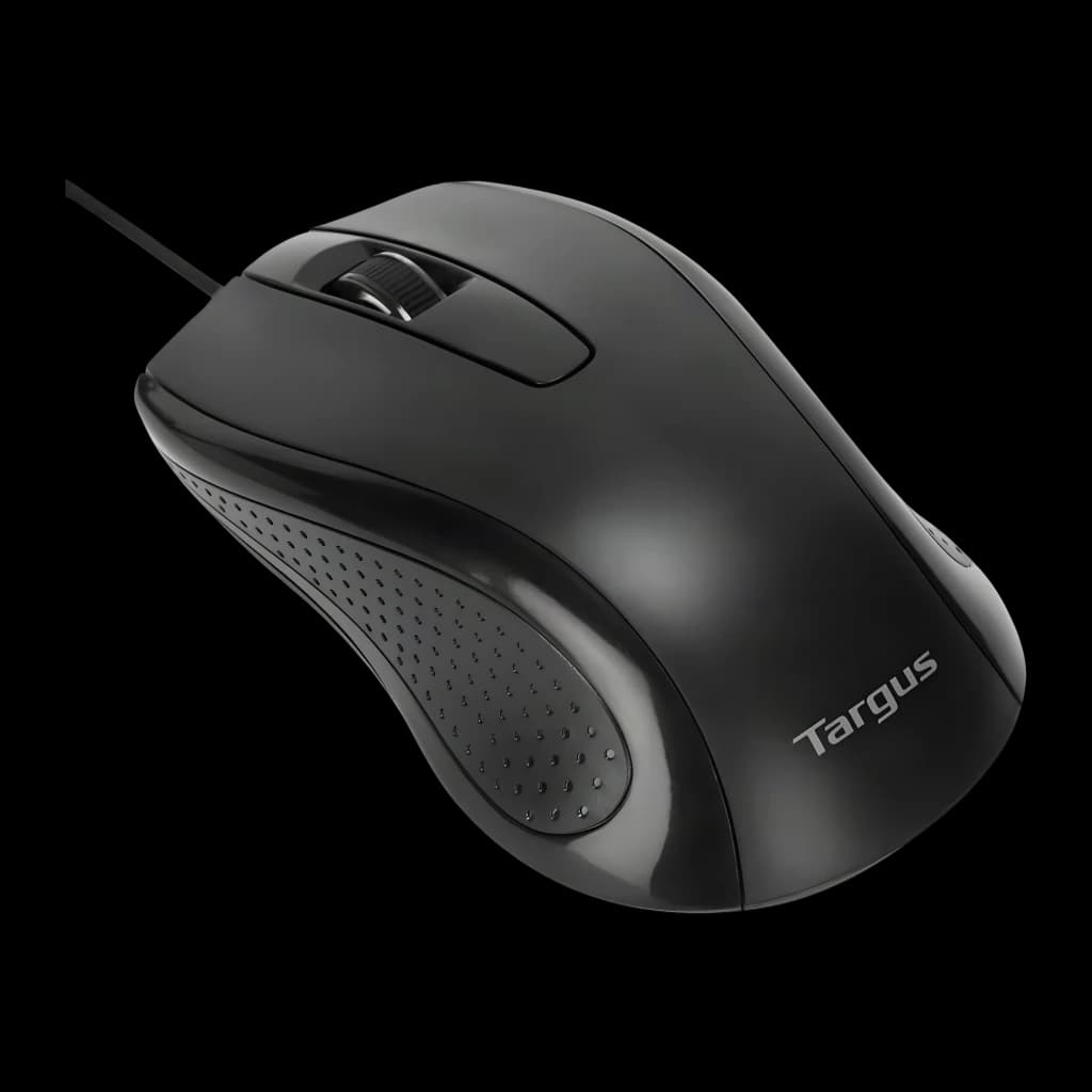 Targus AKM622ES noir, souris vue latérale: surface texturée, molette de défilement et logo Targus visibles