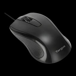 Targus AKM622ES noir, souris vue latérale: surface texturée, molette de défilement et logo Targus visibles