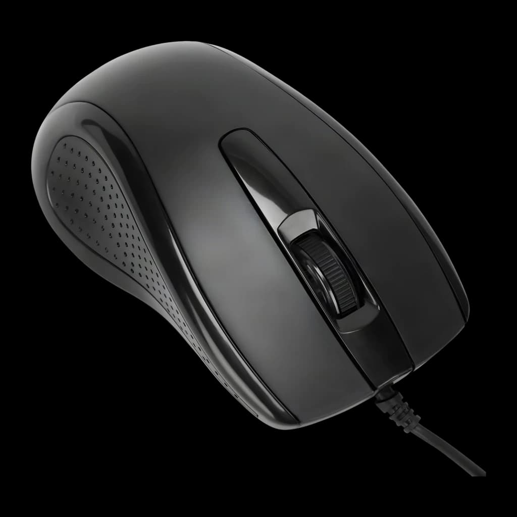 Targus AKM622ES noir, souris en détail: vue supérieure en angle avec molette de défilement, zone texturée latérale et câble