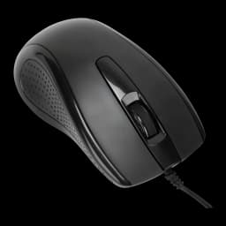 Targus AKM622ES noir, souris en détail: vue supérieure en angle avec molette de défilement, zone texturée latérale et câble