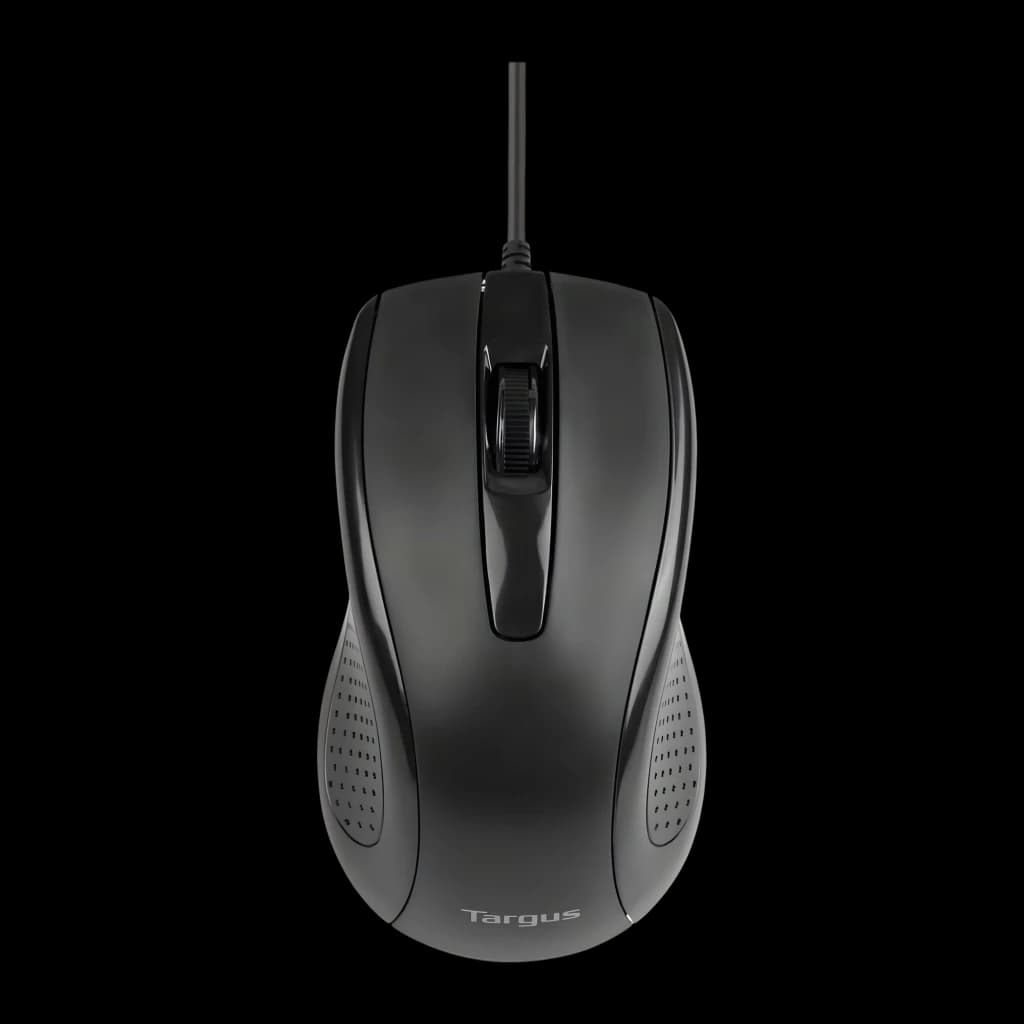 Targus AKM622ES noir, vue du dessus de la souris: boutons, molette et câble visibles avec zones texturées latérales