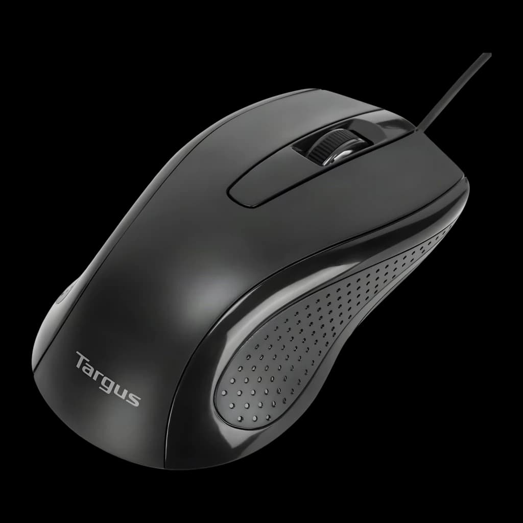 Targus AKM622ES noir, vue du dessus de la souris: surface latérale texturée, molette et câble visibles