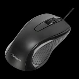 Targus AKM622ES noir, vue du dessus de la souris: surface latérale texturée, molette et câble visibles
