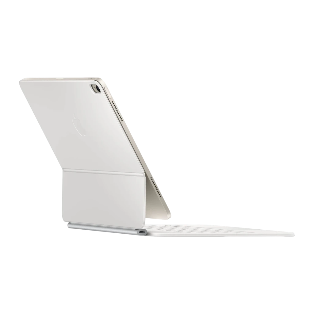 Apple TR Blanc, vue de face: écran allumé avec fond abstrait doré et rose, clavier blanc avec trackpad - Ítem1