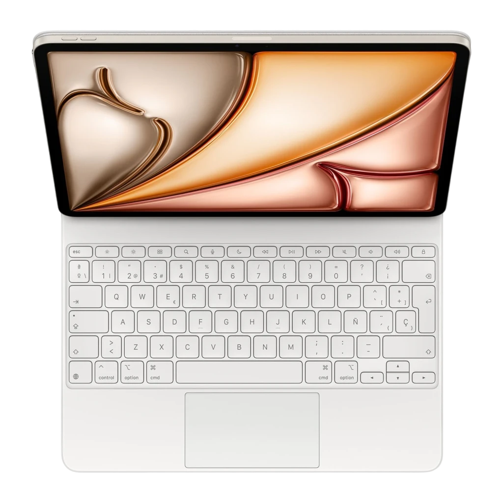 Apple TR Blanc, vue de face: écran allumé avec fond abstrait doré et rose, clavier blanc avec trackpad - Ítem2