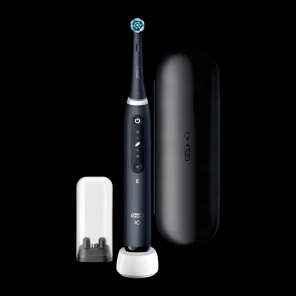 Oral-B Braun 415107 Negro mate, vista frontal: cepillo con base cargadora, funda de viaje negra y cabezal azul