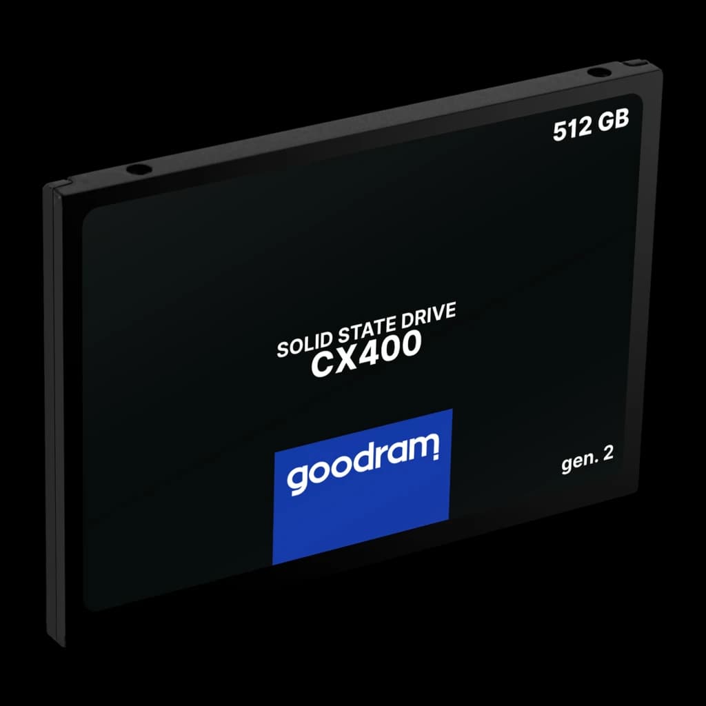 Goodram CX400 Gen.2 512GB SSD preto, vista frontal em ângulo: face superior com logo azul, modelo e capacidade visíveis