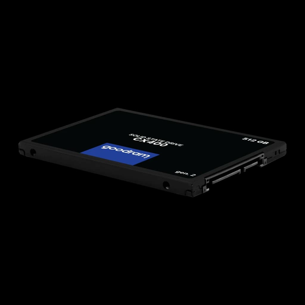 Goodram CX400 Gen.2 512GB SSD preto, vista lateral inferior: conector SATA III e parafusos de montagem visíveis