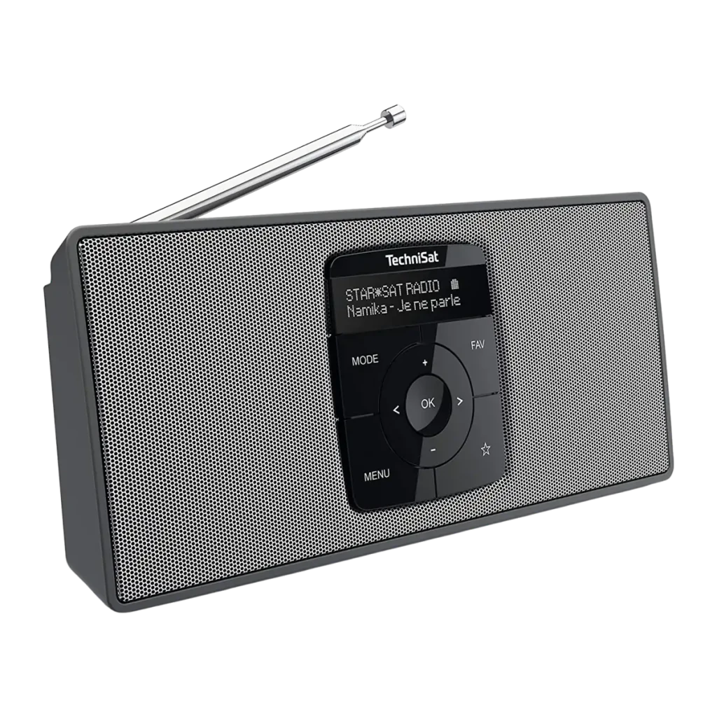 TechniSat DigitRadio 2 DAB+ Radio negro plata, vista en ángulo: rejilla plateada, pantalla encendida y antena desplegada