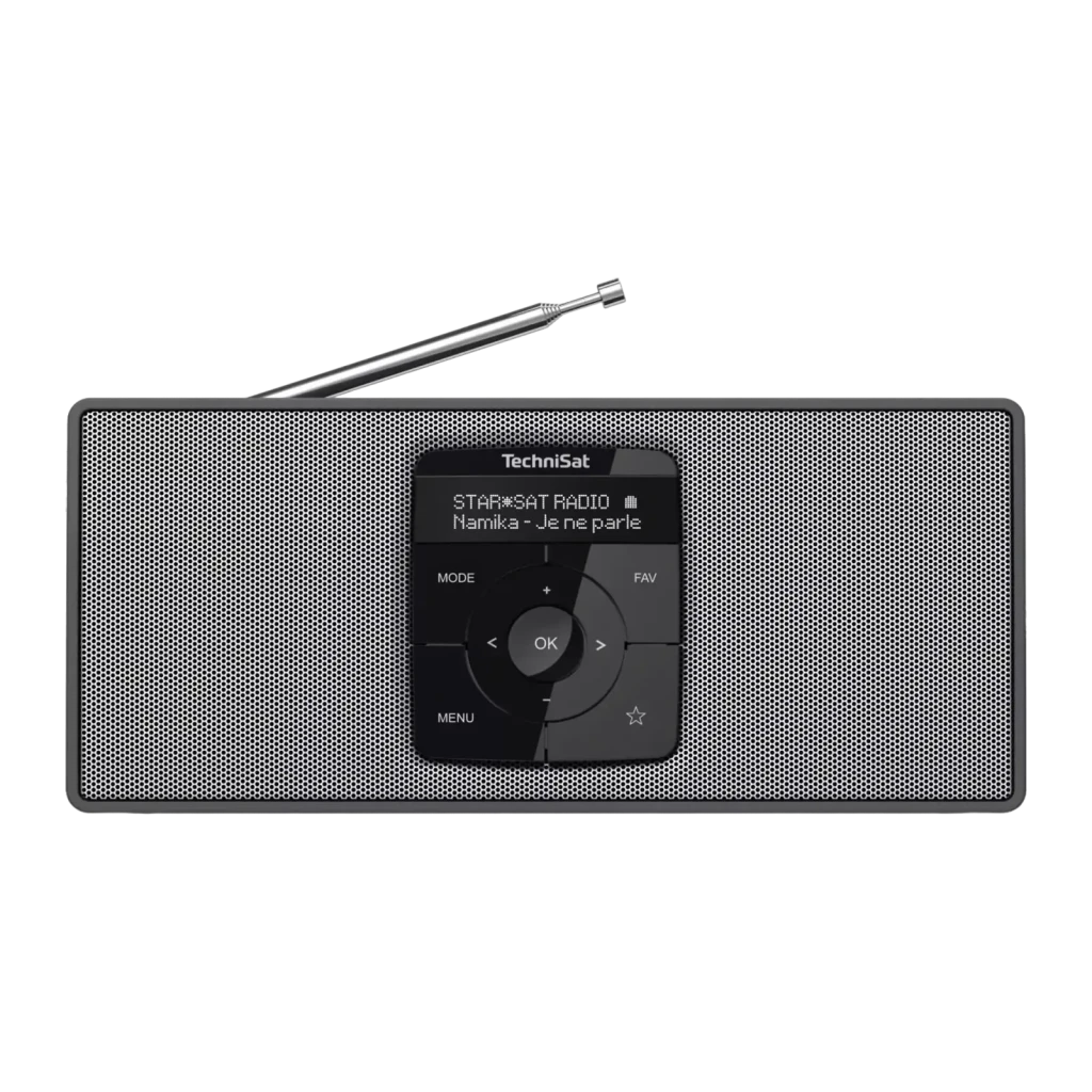 TechniSat DigitRadio 2 DAB+ Radio negro plata, vista frontal cenital: panel de controles, pantalla y antena desplegada arriba