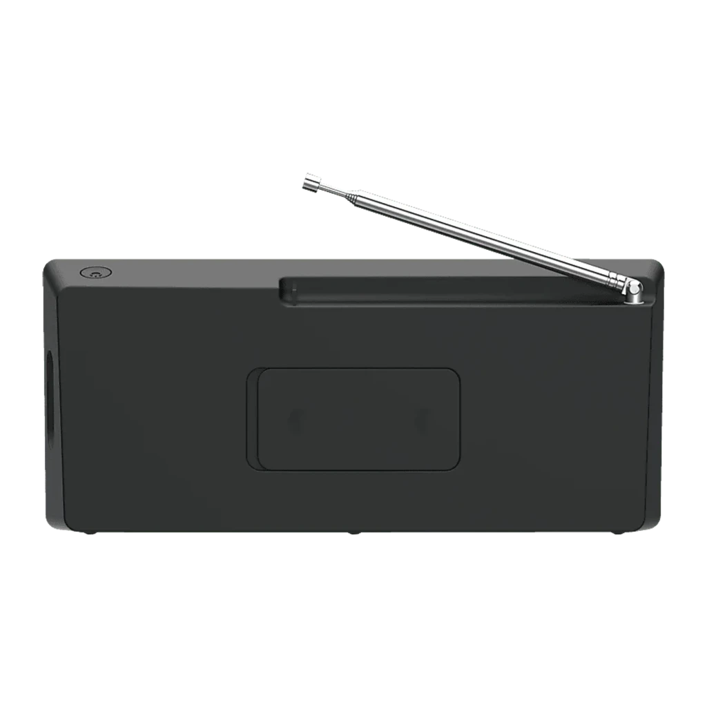 TechniSat DigitRadio 2 DAB+ Radio negro plata, vista trasera: antena telescópica plateada desplegada y tapa de batería