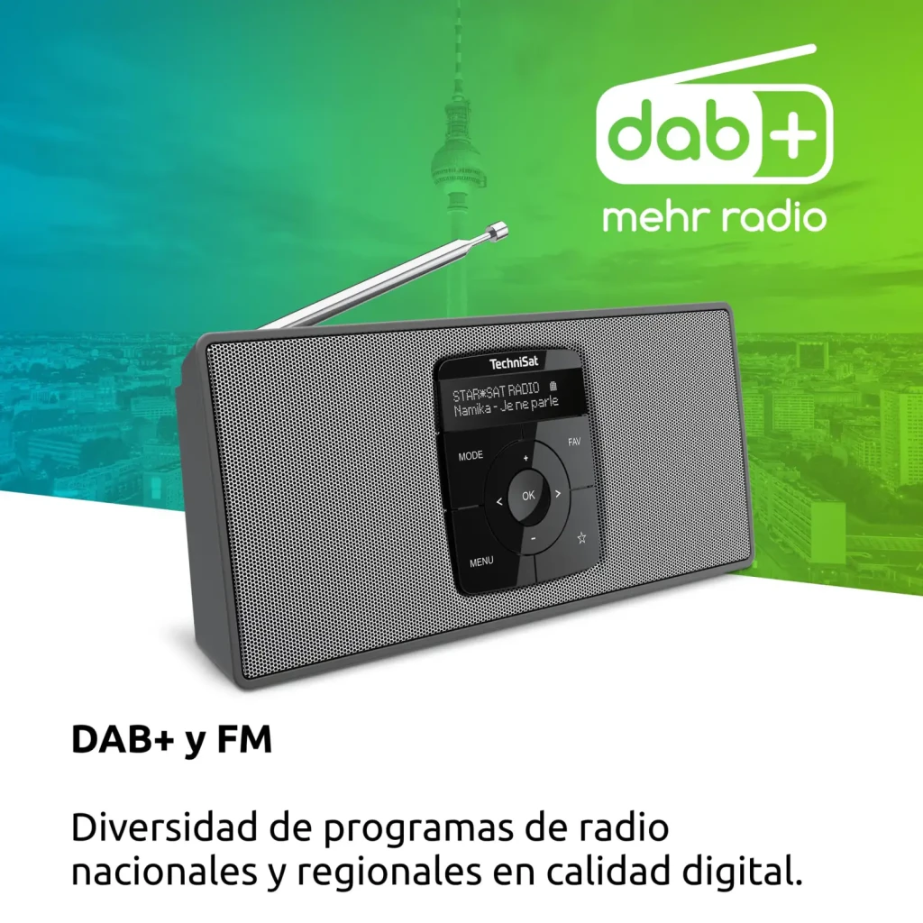 TechniSat DigitRadio 2 DAB+ Radio negro plata, vista frontal angular: pantalla encendida con emisora, rejilla altavoz