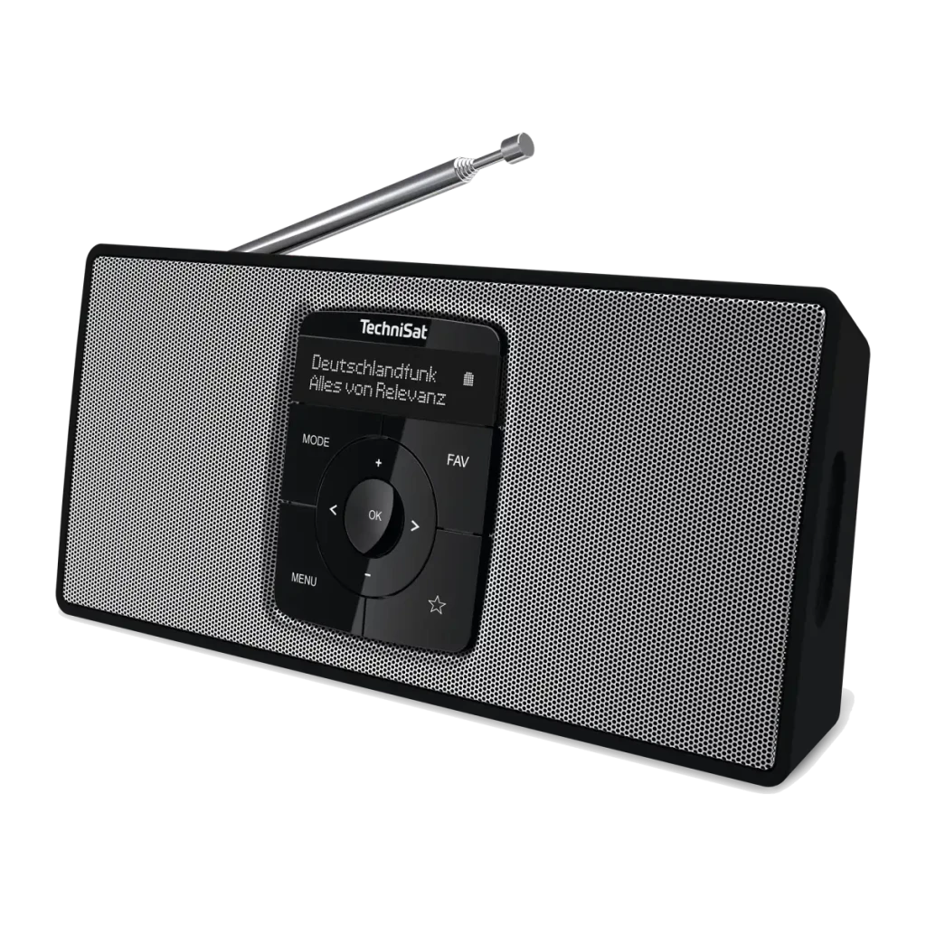 TechniSat DigitRadio 2 DAB+ Radio negro plata, vista en ángulo: rejilla plateada, pantalla con emisora y mando central