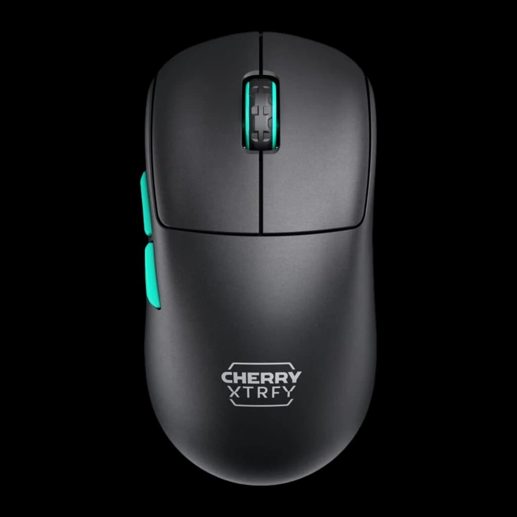 Cherry XTRFY M68 Wireless negro turquesa, vista superior: scroll con detalle turquesa, botones laterales y logo CHERRY XTRFY