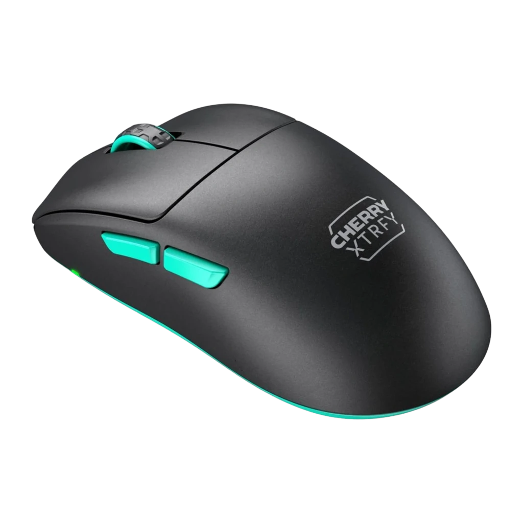 Cherry XTRFY M68 Wireless noir turquoise, vue dessus: molette à détail turquoise, boutons latéraux et logo CHERRY XTRFY - Ítem1