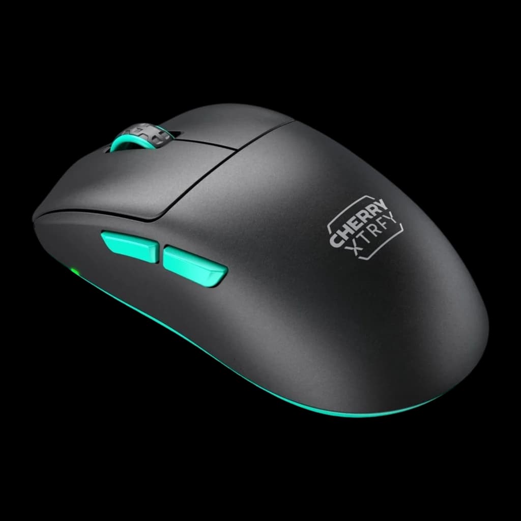 Cherry XTRFY M68 Wireless negro turquesa, vista lateral izquierda: botones turquesa, perfil turquesa y logo CHERRY XTRFY