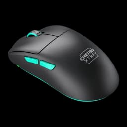 Cherry XTRFY M68 Wireless negro turquesa, vista lateral izquierda: botones turquesa, perfil turquesa y logo CHERRY XTRFY