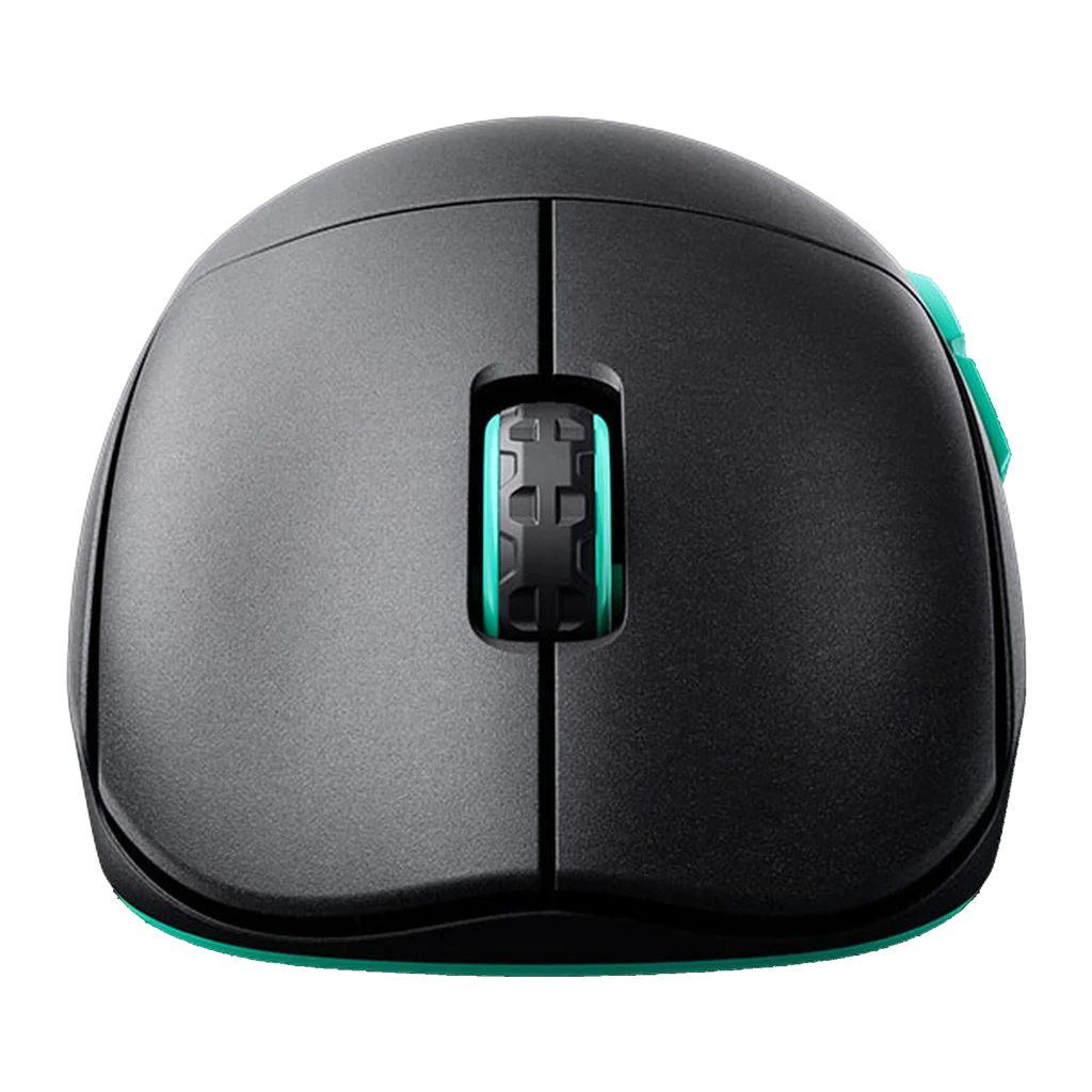 Cherry XTRFY M68 Wireless noir turquoise, vue dessus: molette à détail turquoise, boutons latéraux et logo CHERRY XTRFY - Ítem3