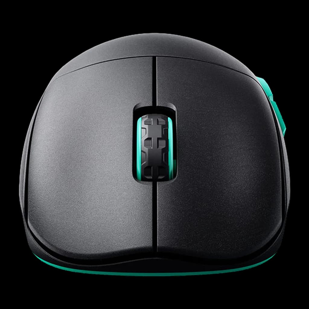Cherry XTRFY M68 Wireless negro turquesa, vista superior: rueda con detalle turquesa, botones laterales y borde inferior