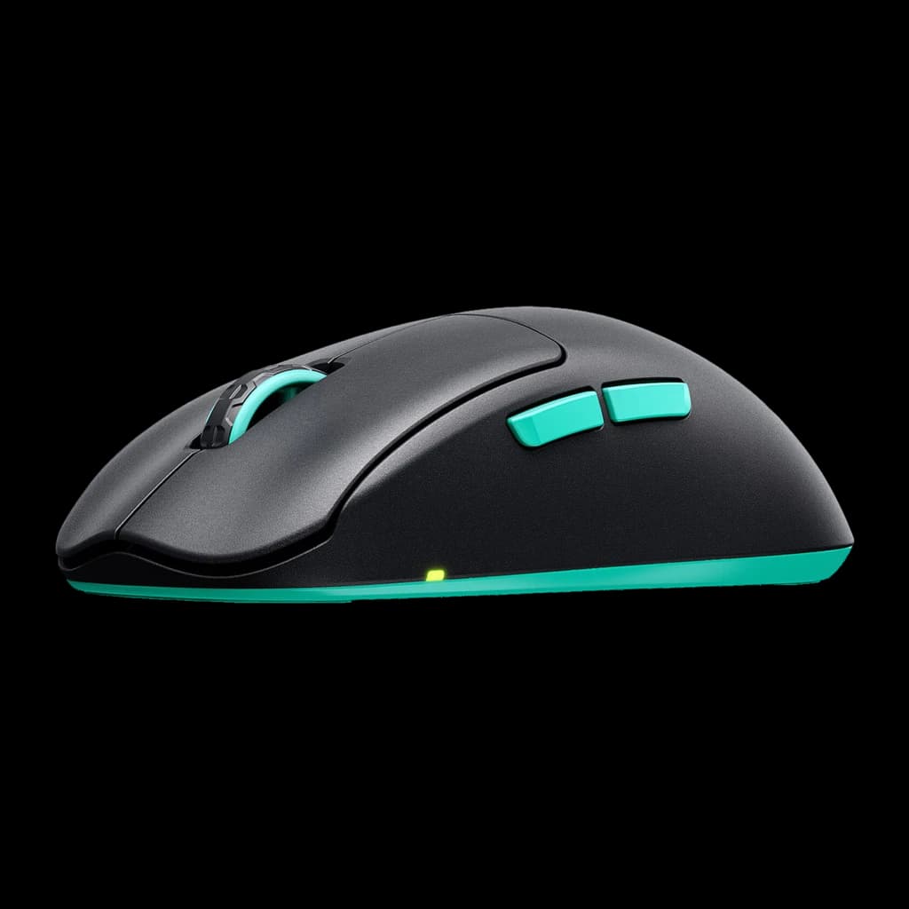 Cherry XTRFY M68 Wireless negro turquesa, vista lateral: botones laterales turquesa, rueda y base turquesa
