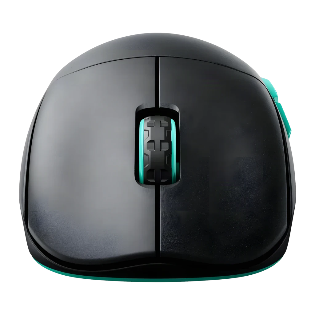 Cherry XTRFY M68 Wireless noir turquoise, vue dessus: molette à détail turquoise, boutons latéraux et logo CHERRY XTRFY - Ítem5